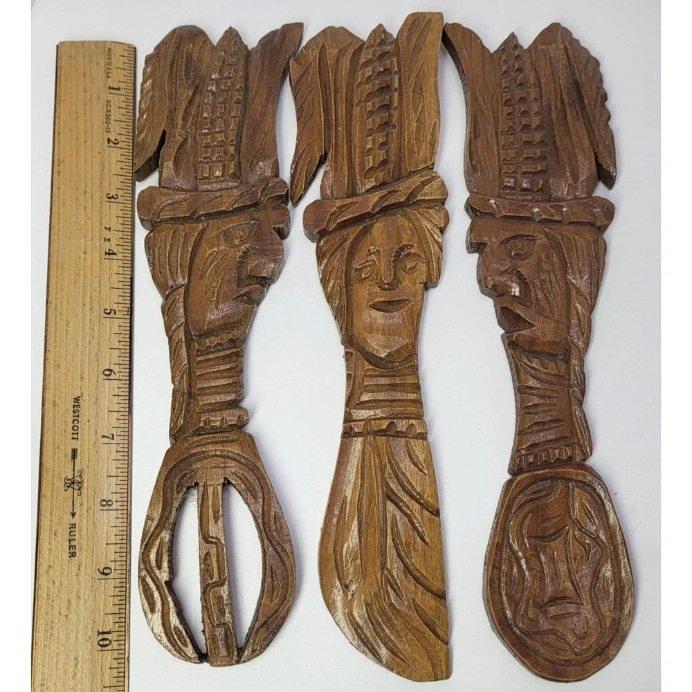 Hand Carved Wooden Tribal Tiki Totem Faces Knife Spoon Fork Wall Hanging Vintage